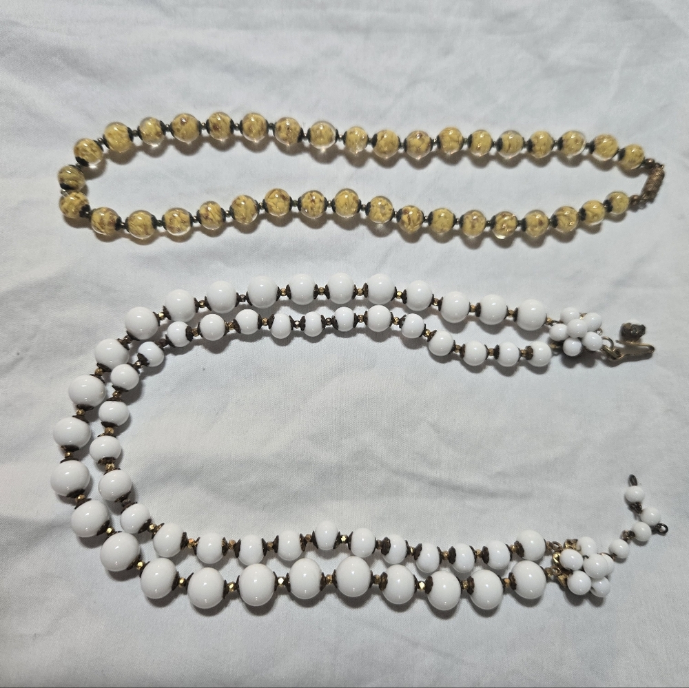 Vintage Miriam Haskell White Beaded Necklace Signed And Murano Glass Necklace